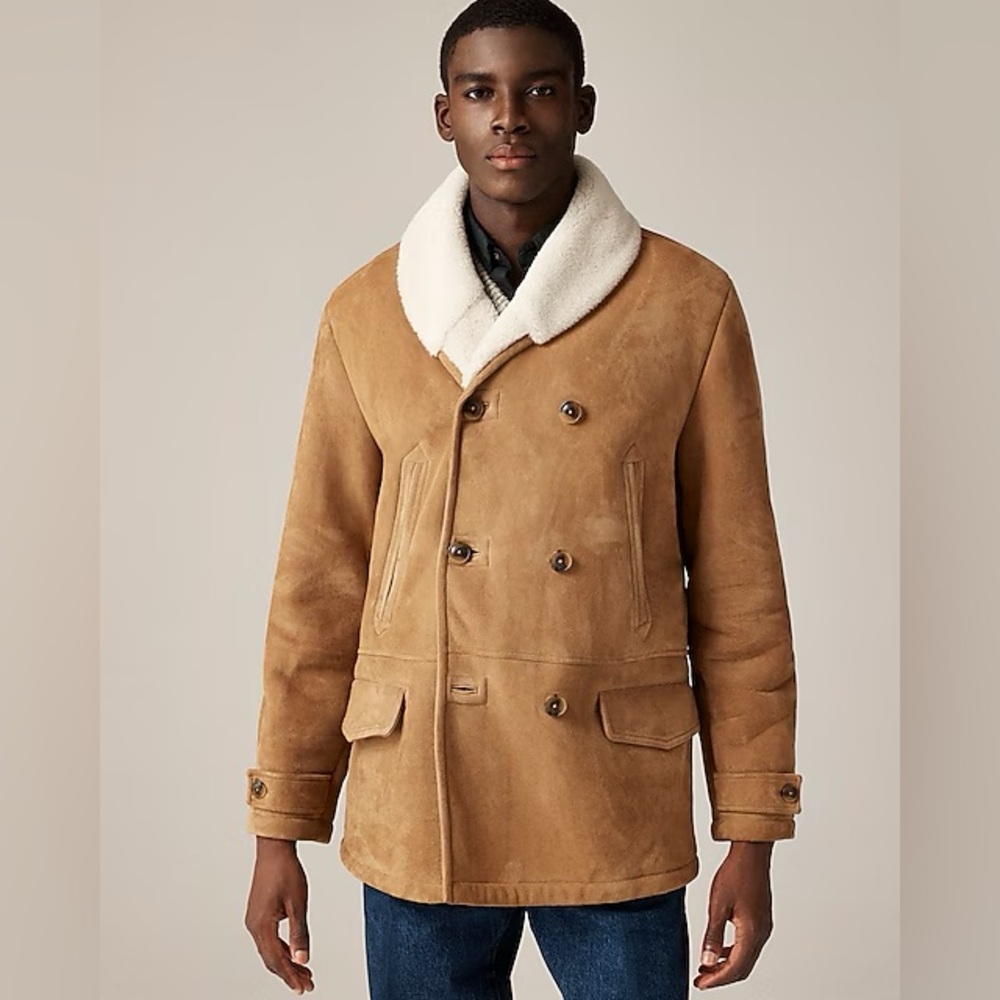 Suede double-breasted coat with Italian merino shearling